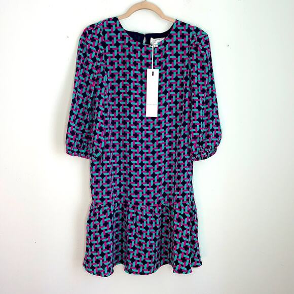 NWT Anonyme keyhole back blouson sleeve belted print dress sz M - Picture 1 of 9